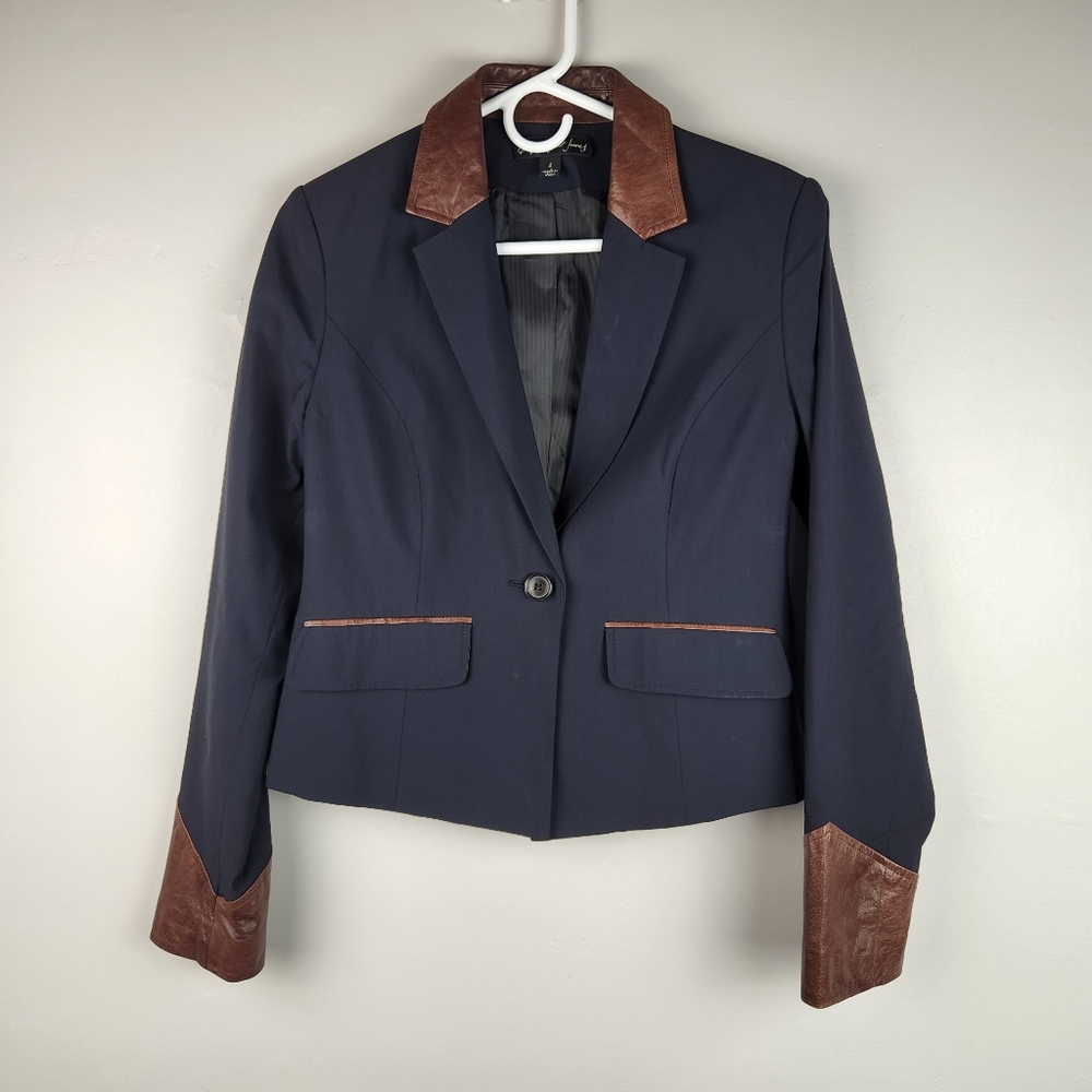 Elizabeth and James  Navy Wool Blend Leather Trim Blazer Jacket Size 8